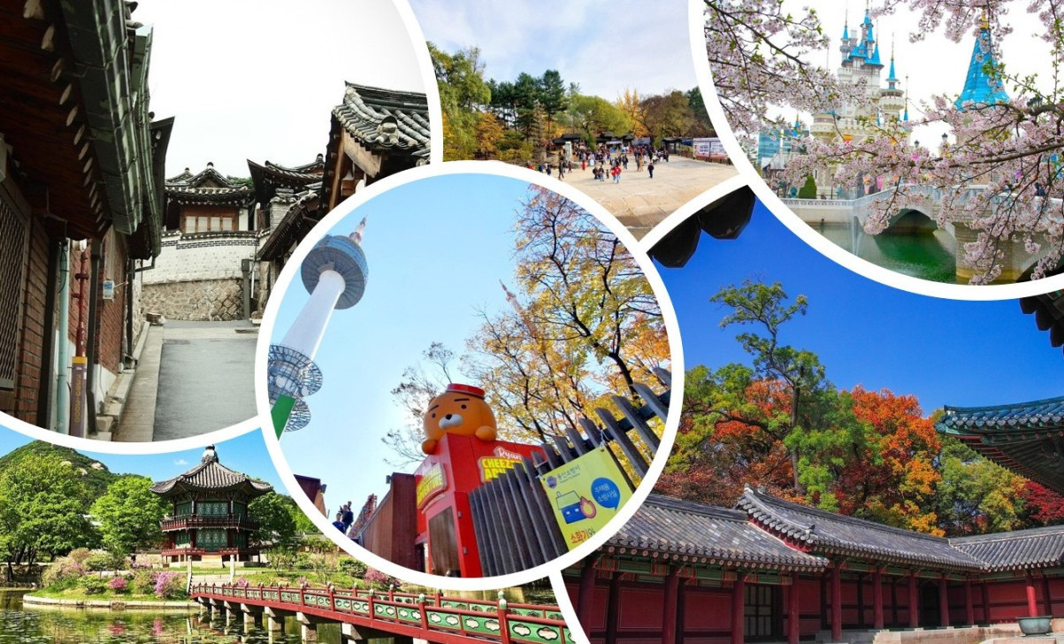 A collage picture of different places in South Korea.